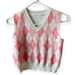 SHEIN V-Neck Pink and White Argyle Sweater Vest